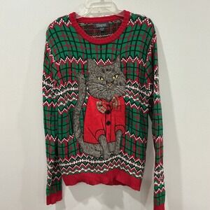 Christmas Furry Cat Sweater Size S Mens Women's Pullover Plaid Holiday Fuzzy Bow